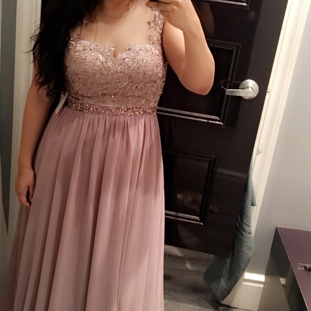 Mauve  long dress with mesh & pink crystals